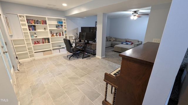 office featuring ceiling fan and recessed lighting