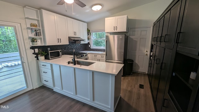 kitchen with open shelves, a peninsula, under cabinet range hood, dark wood finished floors, and stainless steel appliances
