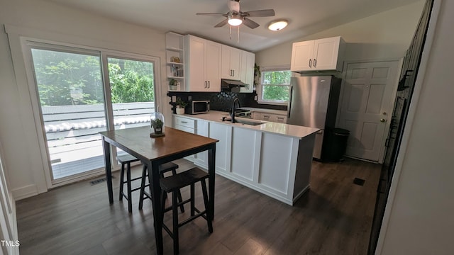 kitchen with ceiling fan, a sink, a peninsula, under cabinet range hood, and stainless steel appliances