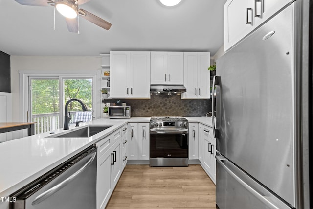 6125 Bellow St, Raleigh, NC 27609 - kitchen with appliances with stainless steel finishes, a sink, under cabinet range hood, light countertops, and white cabinets
