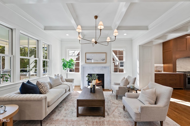 living room with beam ceiling, crown molding, light hardwood / wood-style floors, and a fireplace