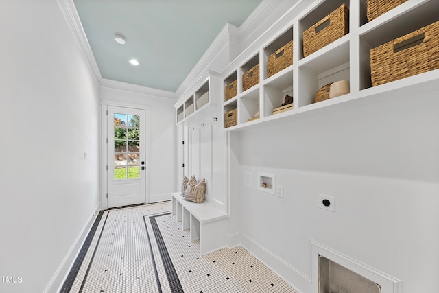 mudroom featuring ornamental molding