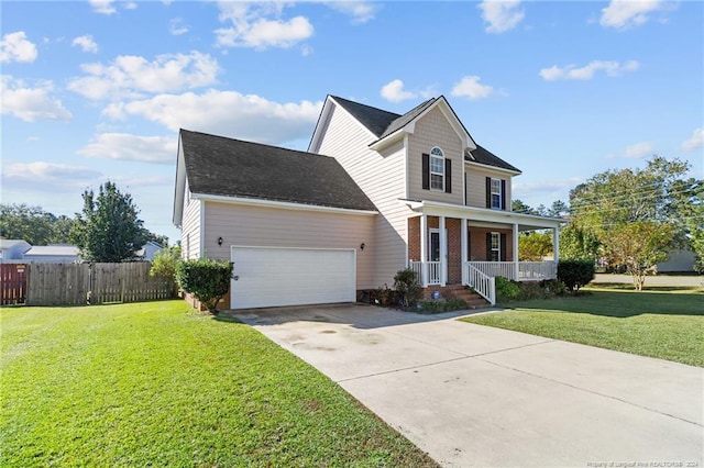 front facade featuring a front yard, covered porch, and a garage