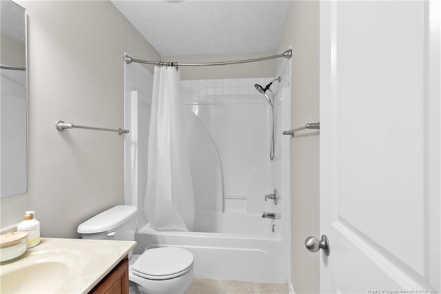 full bathroom with a textured ceiling, toilet, tile patterned floors, vanity, and shower / bathtub combination with curtain