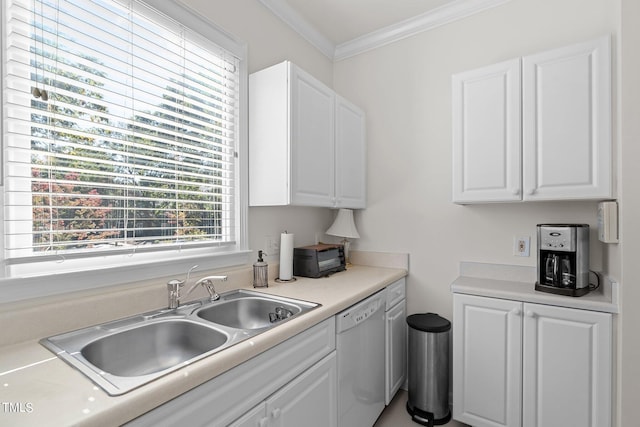 kitchen featuring ornamental molding, sink, white cabinets, and white dishwasher