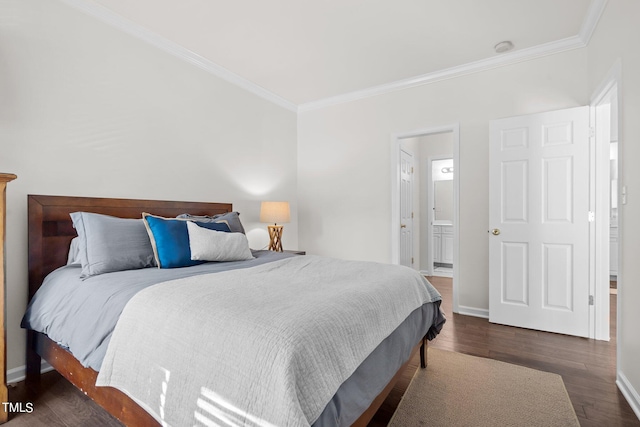 bedroom featuring dark wood-type flooring and ornamental molding