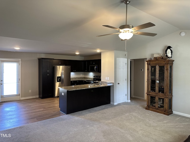 kitchen with light hardwood / wood-style flooring, kitchen peninsula, stainless steel appliances, vaulted ceiling, and ceiling fan