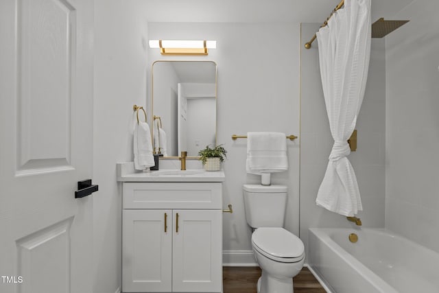 full bathroom with vanity, wood-type flooring, toilet, and shower / bathtub combination with curtain