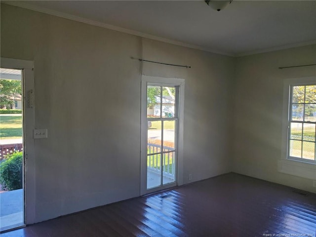 empty room with ornamental molding and dark hardwood / wood-style floors