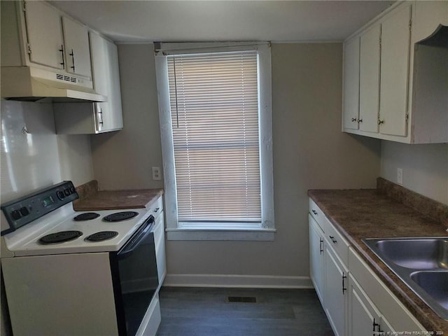 kitchen with white cabinetry, white electric range oven, sink, and dark hardwood / wood-style floors