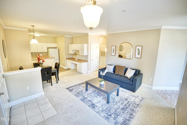 living room featuring ornamental molding, light colored carpet, light tile patterned flooring, and baseboards