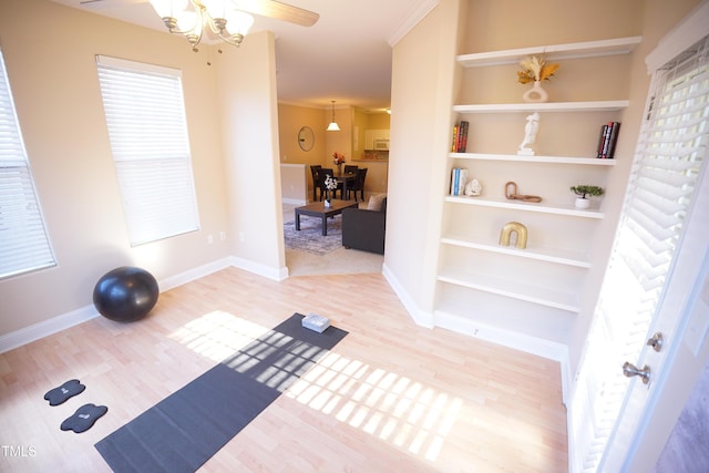 workout room featuring built in features, a wealth of natural light, baseboards, and light wood finished floors