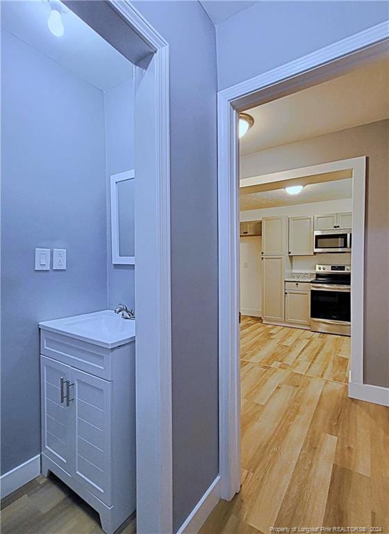 bathroom featuring vanity and hardwood / wood-style flooring