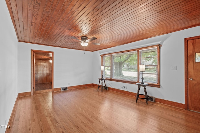 empty room with wood ceiling, ornamental molding, light wood-type flooring, and ceiling fan