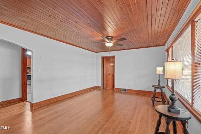 435 Tant Rd, Zebulon, NC 27597 - spare room with ornamental molding, ceiling fan, wood ceiling, arched walkways, and wood finished floors