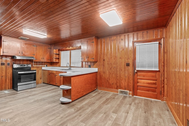 435 Tant Rd, Zebulon, NC 27597 - kitchen with stainless steel range with electric cooktop, open shelves, under cabinet range hood, a peninsula, and brown cabinetry