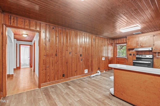 435 Tant Rd, Zebulon, NC 27597 - kitchen featuring stainless steel electric stove, wooden ceiling, under cabinet range hood, light wood finished floors, and wooden walls