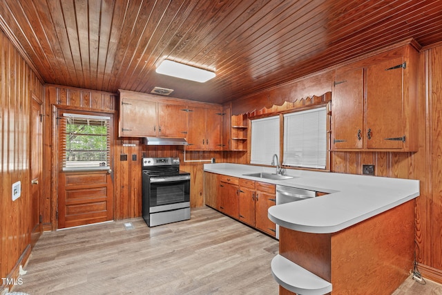 435 Tant Rd, Zebulon, NC 27597 - kitchen featuring electric range, a sink, wooden ceiling, brown cabinetry, and a peninsula
