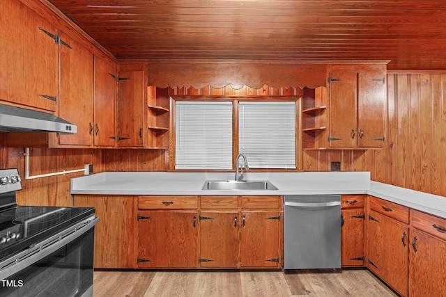 435 Tant Rd, Zebulon, NC 27597 - kitchen featuring stainless steel appliances, under cabinet range hood, open shelves, wood ceiling, and a sink
