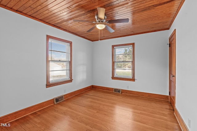 435 Tant Rd, Zebulon, NC 27597 - empty room with wood ceiling, light wood-style floors, ornamental molding, a ceiling fan, and baseboards