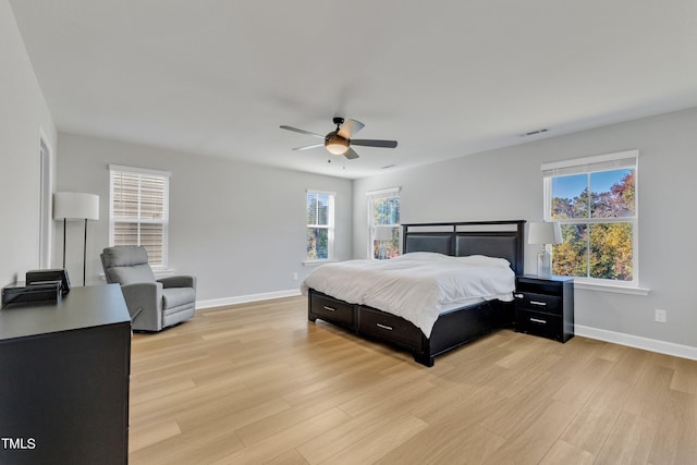 bedroom featuring light hardwood / wood-style flooring and ceiling fan