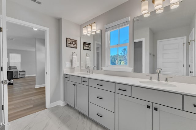 bathroom featuring vanity and hardwood / wood-style floors