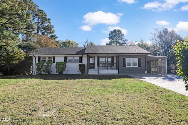 single story home featuring a porch, a front yard, and a carport