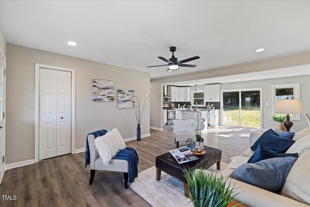 living room with hardwood / wood-style flooring and ceiling fan