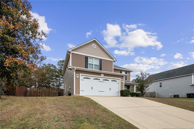 front facade with central AC, a garage, and a front lawn