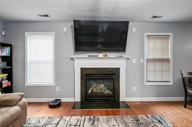 living room with a textured ceiling and hardwood / wood-style flooring