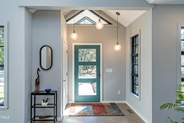 foyer with lofted ceiling and hardwood / wood-style floors