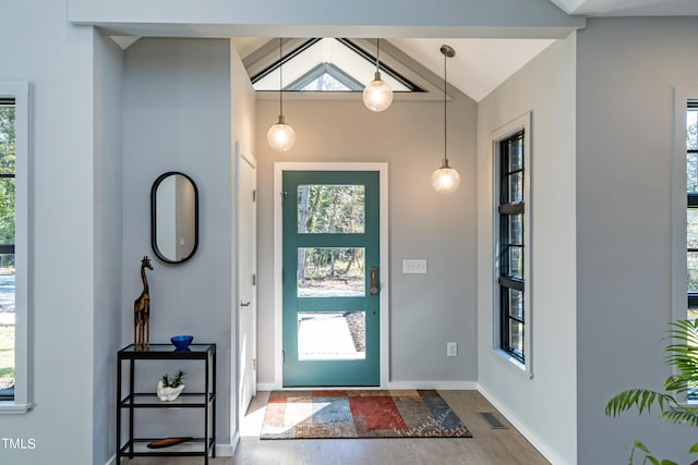 1414 Whippoorwill Ln, Chapel Hill, NC 27517 - entrance foyer with vaulted ceiling, plenty of natural light, wood finished floors, and baseboards