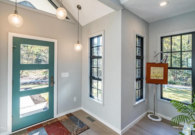 1414 Whippoorwill Ln, Chapel Hill, NC 27517 - entrance foyer with wood finished floors, plenty of natural light, baseboards, and vaulted ceiling
