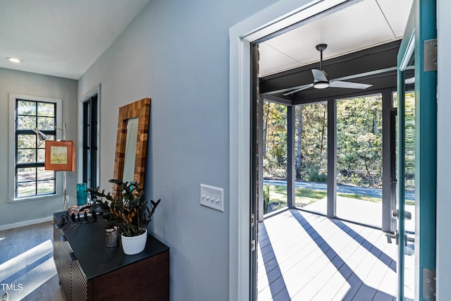 doorway featuring wood-type flooring and ceiling fan