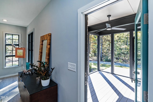 1414 Whippoorwill Ln, Chapel Hill, NC 27517 - doorway to outside with ceiling fan, baseboards, and wood finished floors