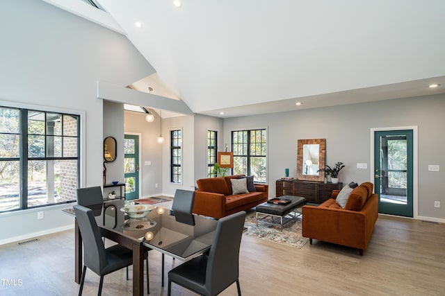 1414 Whippoorwill Ln, Chapel Hill, NC 27517 - dining space featuring recessed lighting, light wood-style flooring, baseboards, and high vaulted ceiling