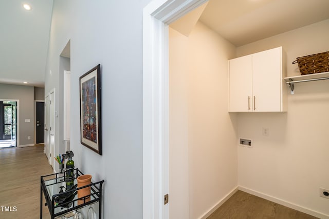 1414 Whippoorwill Ln, Chapel Hill, NC 27517 - clothes washing area with washer hookup, light wood-type flooring, baseboards, cabinet space, and recessed lighting