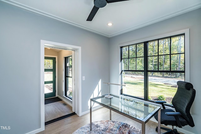 1414 Whippoorwill Ln, Chapel Hill, NC 27517 - home office featuring plenty of natural light, ceiling fan, baseboards, crown molding, and light wood finished floors