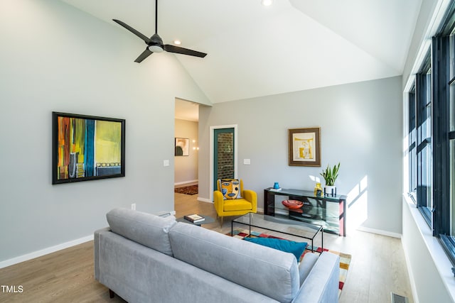 1414 Whippoorwill Ln, Chapel Hill, NC 27517 - living room with wood finished floors, high vaulted ceiling, ceiling fan, baseboards, and recessed lighting