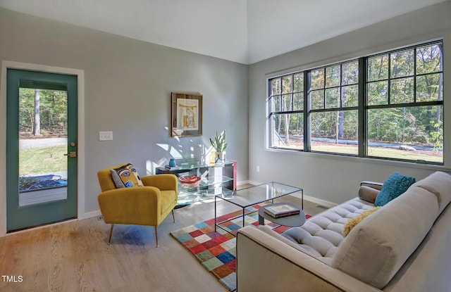 1414 Whippoorwill Ln, Chapel Hill, NC 27517 - living room with wood finished floors, baseboards, and lofted ceiling