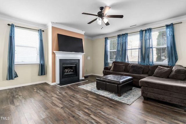 living room featuring dark hardwood / wood-style flooring, ceiling fan, and crown molding