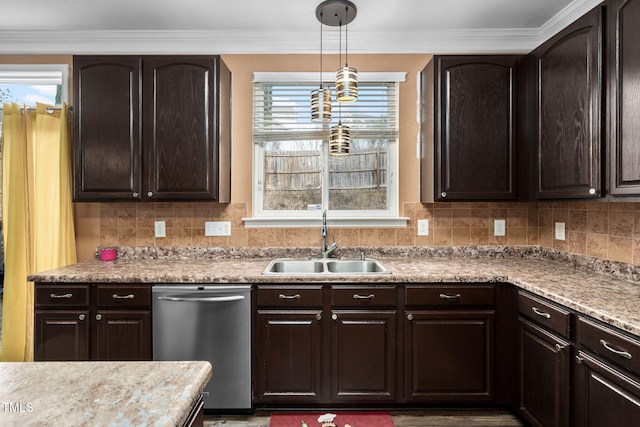 kitchen with stainless steel dishwasher, decorative backsplash, sink, and hanging light fixtures