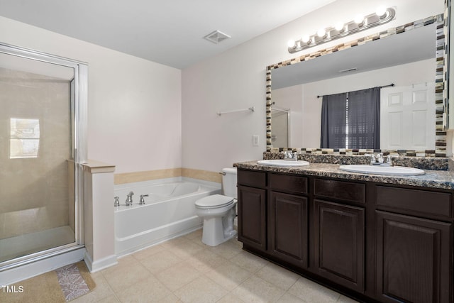 full bathroom with toilet, vanity, and shower with separate bathtub