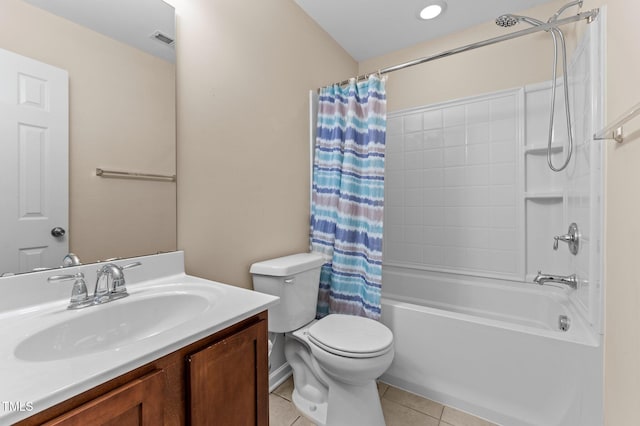 full bathroom with vanity, toilet, tile patterned floors, and shower / bathtub combination with curtain