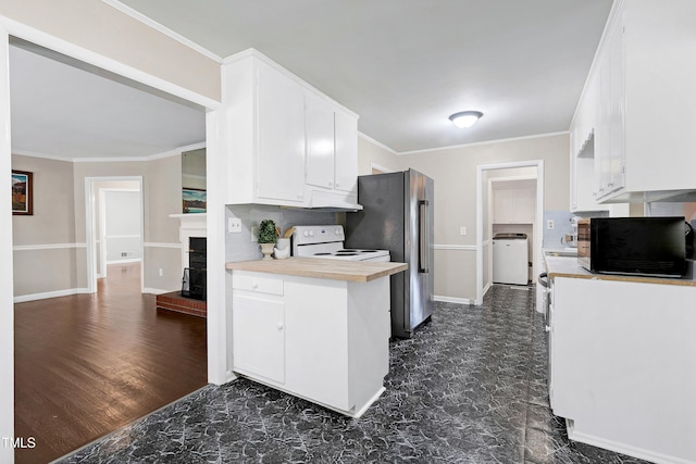 kitchen featuring dark hardwood / wood-style flooring, white electric range oven, tasteful backsplash, ornamental molding, and washer / clothes dryer