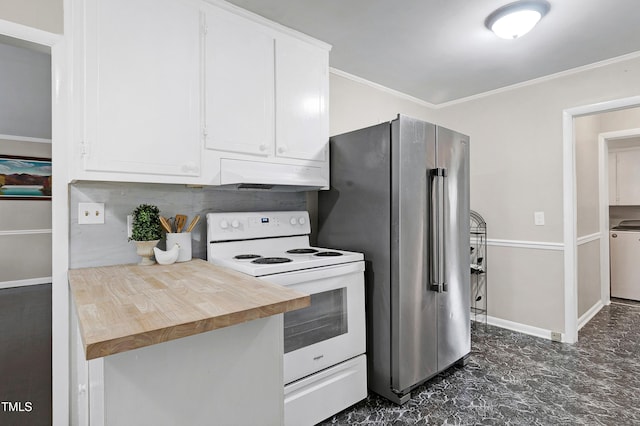 kitchen with ornamental molding, stainless steel fridge, white cabinetry, and electric range