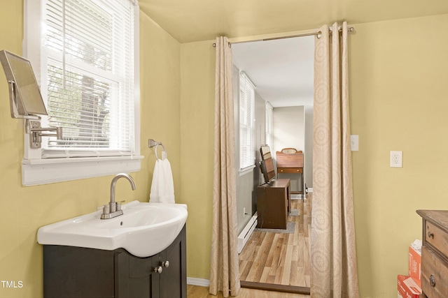 bathroom with a wealth of natural light, vanity, and hardwood / wood-style flooring