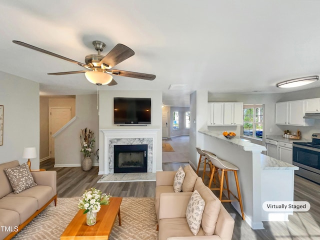 living room with ceiling fan, a fireplace, and hardwood / wood-style floors