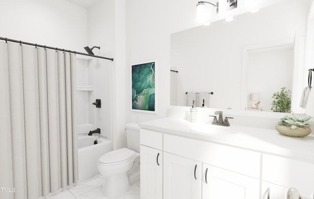 full bath with vanity, marble finish floor, shower / bath combo, and toilet