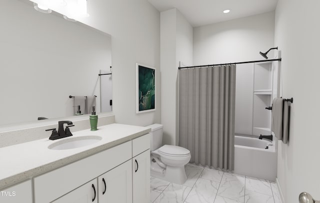 bathroom featuring shower / bathtub combination with curtain, vanity, toilet, marble finish floor, and recessed lighting